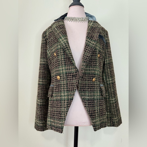 Mystree Plaid Green and Brown metallic threading Women's Blazer size medium - Picture 1 of 15